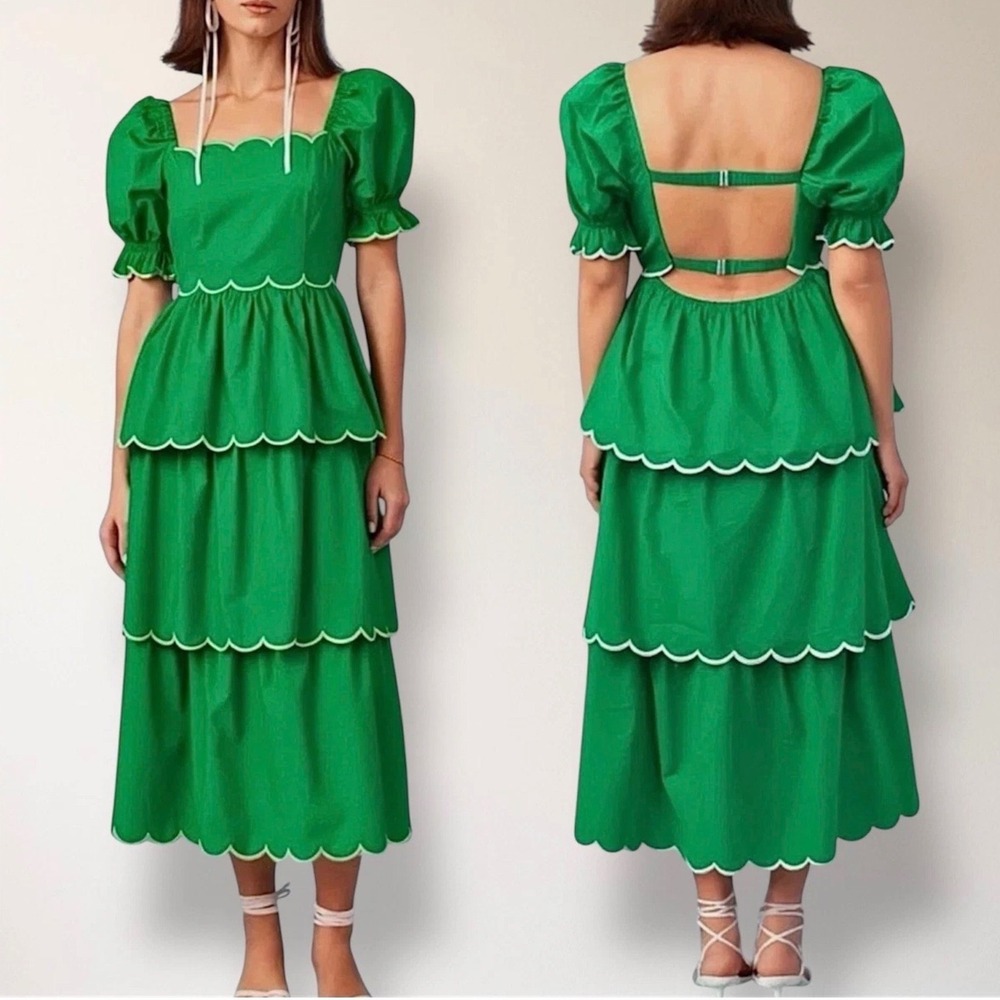 English Factory Kelly Green Scalloped Tiered Midi Dress Womens Size Medium NWT‎